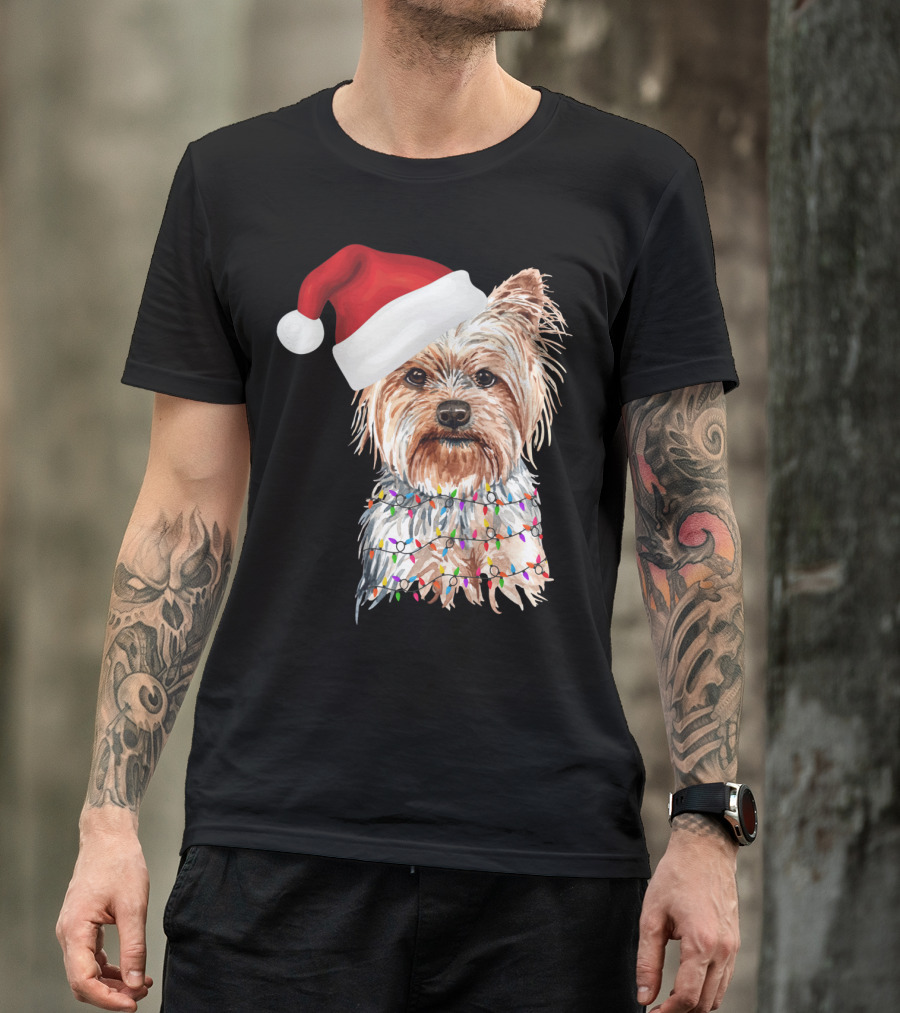 Santa Yorkie Terrier Dog With Christmas Lights Reindeer T-Shirt