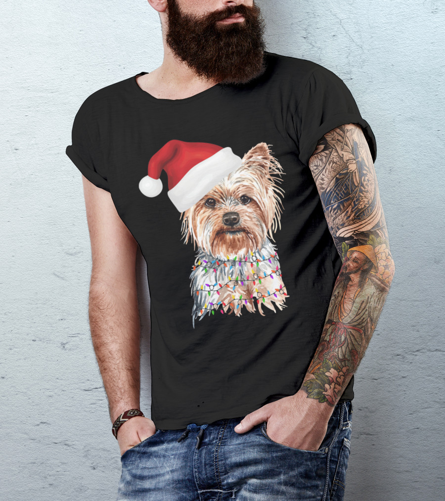 Santa Yorkie Terrier Dog With Christmas Lights Reindeer T-Shirt