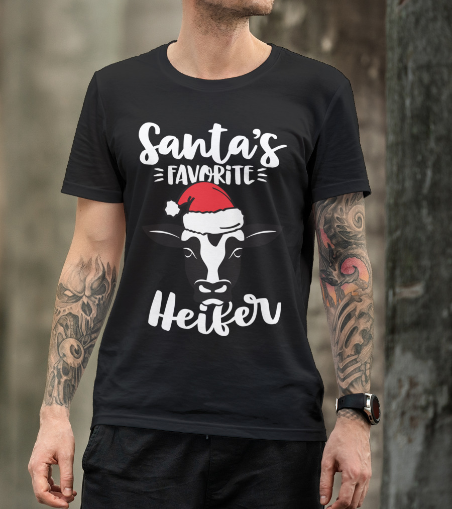 Santa's Favorite Heifer Cow Cattle Farmer Christmas Santa Hat T-Shirt