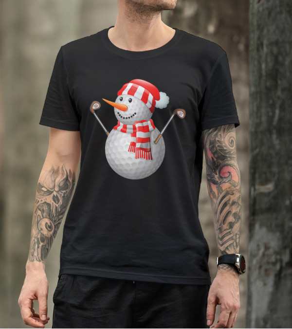 Snowman Golf Ball Christmas Hat Red Scarf Golf Clubs T-Shirt