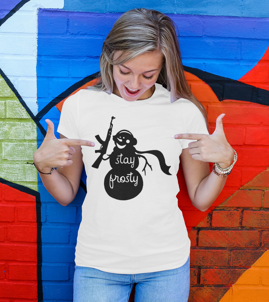 Stay Frosty Snowman With Headphones And Rifle T-Shirt