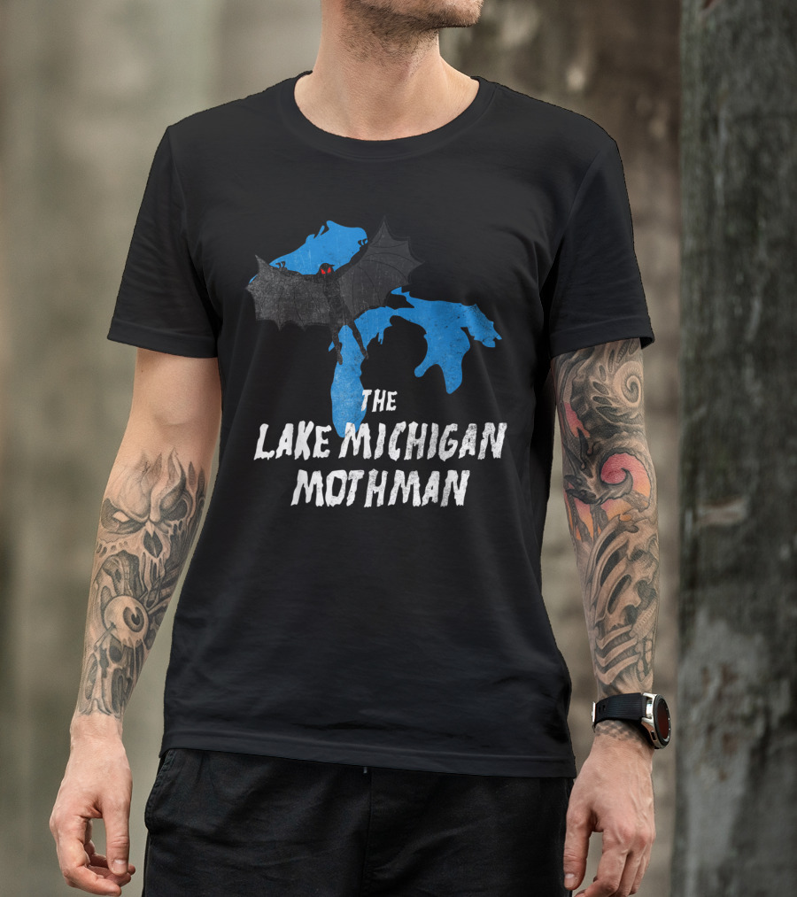 The Lake Michigan Mothman Over Michigan Map With Black And Red Bat Monster T-Shirt