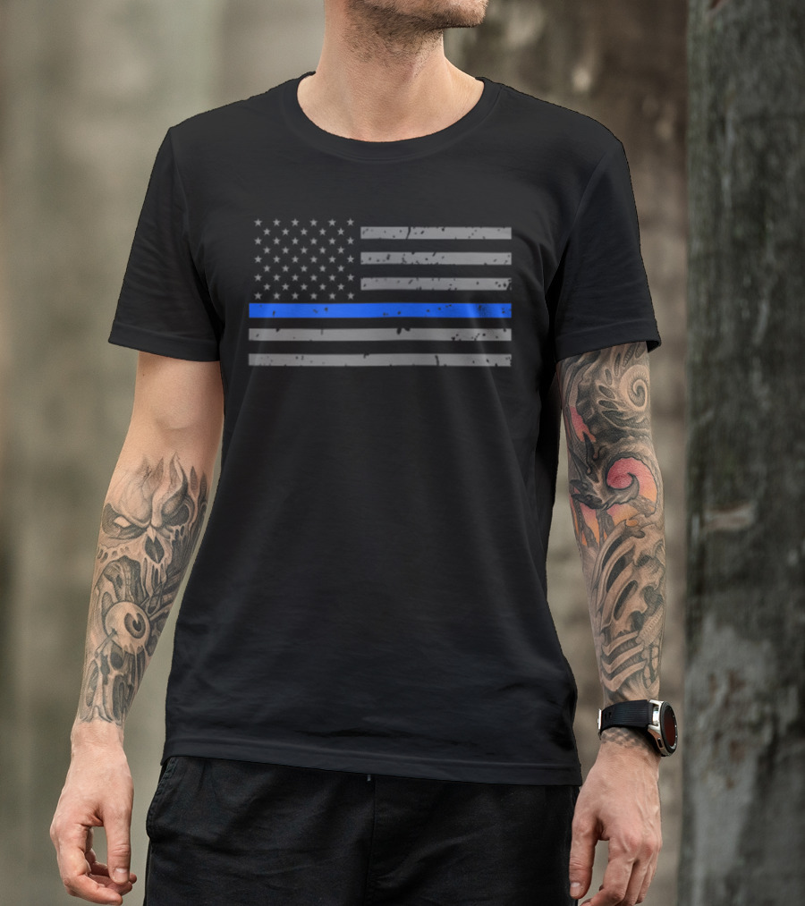 Thin Blue Line Flag Distressed Police Officer Zip T-Shirt
