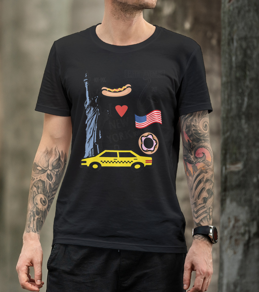 I Heart New York Top Spots Statue Of Liberty Taxi Fifth Avenue Hot Dog Jazz Donut American Flag T-Shirt
