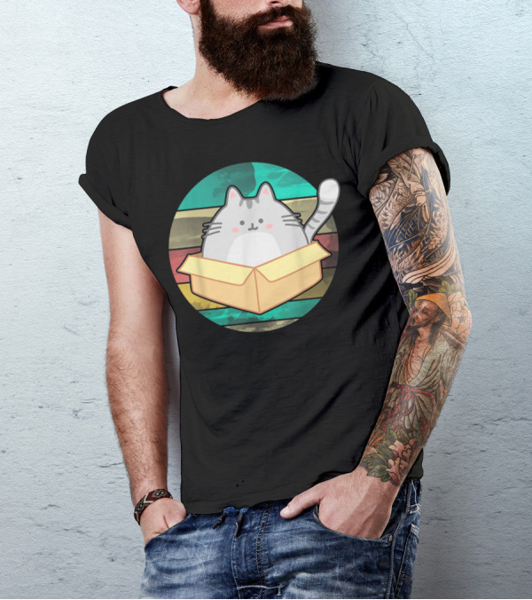 Retro Fat Cat In Box With Vintage Stripes T-Shirt