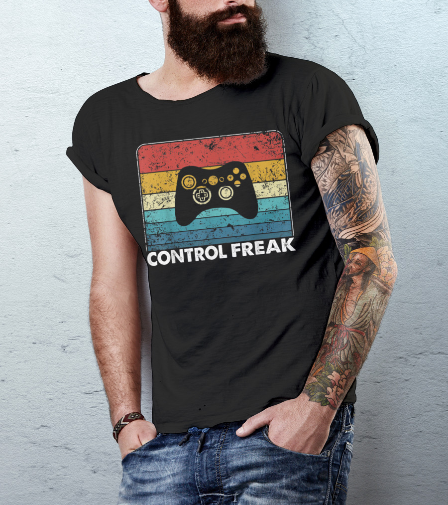 Control Freak Vintage Video Game Controller Retro Stripes T-Shirt