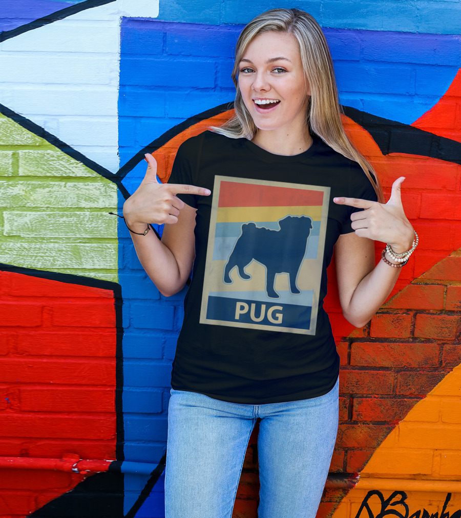 Vintage Pug Silhouette With Retro Stripes T-Shirt