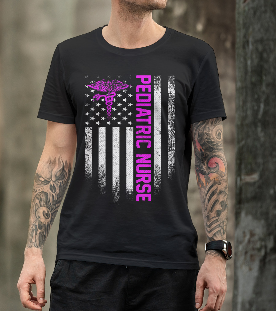 Pediatric Nurse American Flag Vintage USA Caduceus T-Shirt