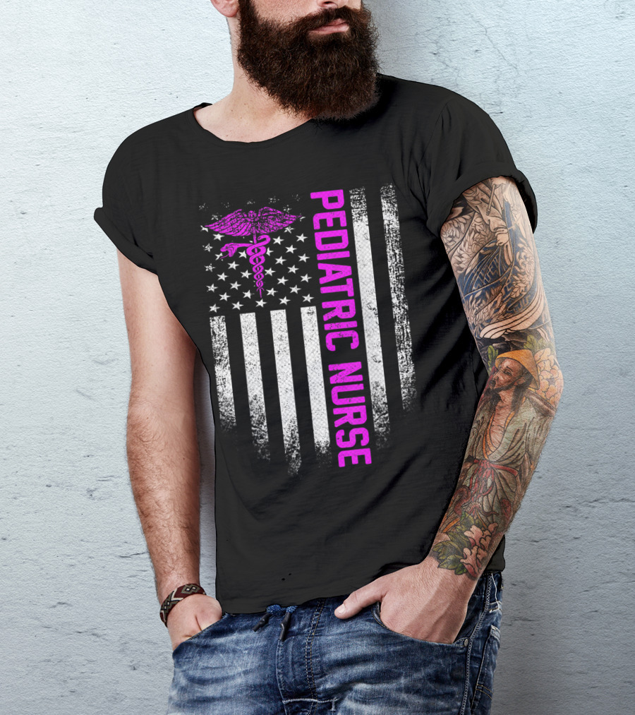 Pediatric Nurse American Flag Vintage USA Caduceus T-Shirt