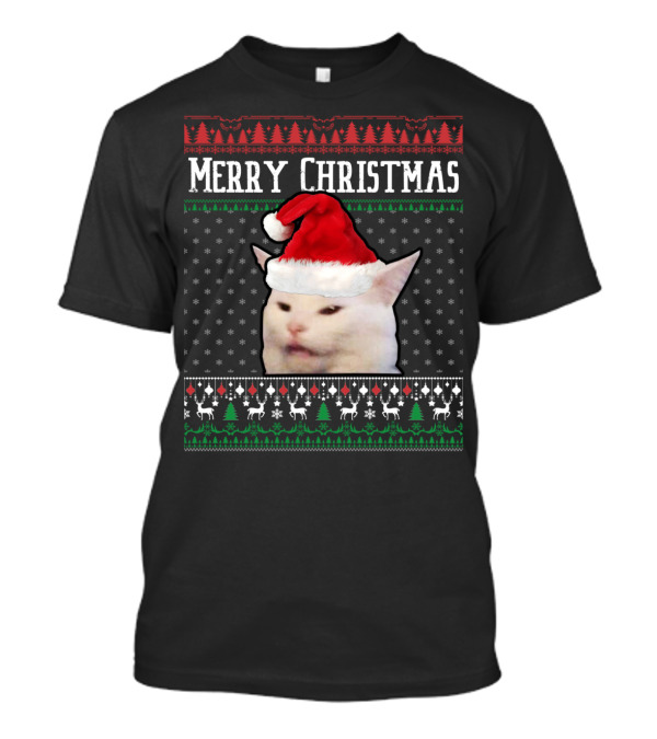 Merry Christmas Woman Yelling At Smudge Cat Santa Hat Holiday T-Shirt