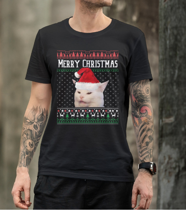 Merry Christmas Woman Yelling At Smudge Cat Santa Hat Holiday T-Shirt