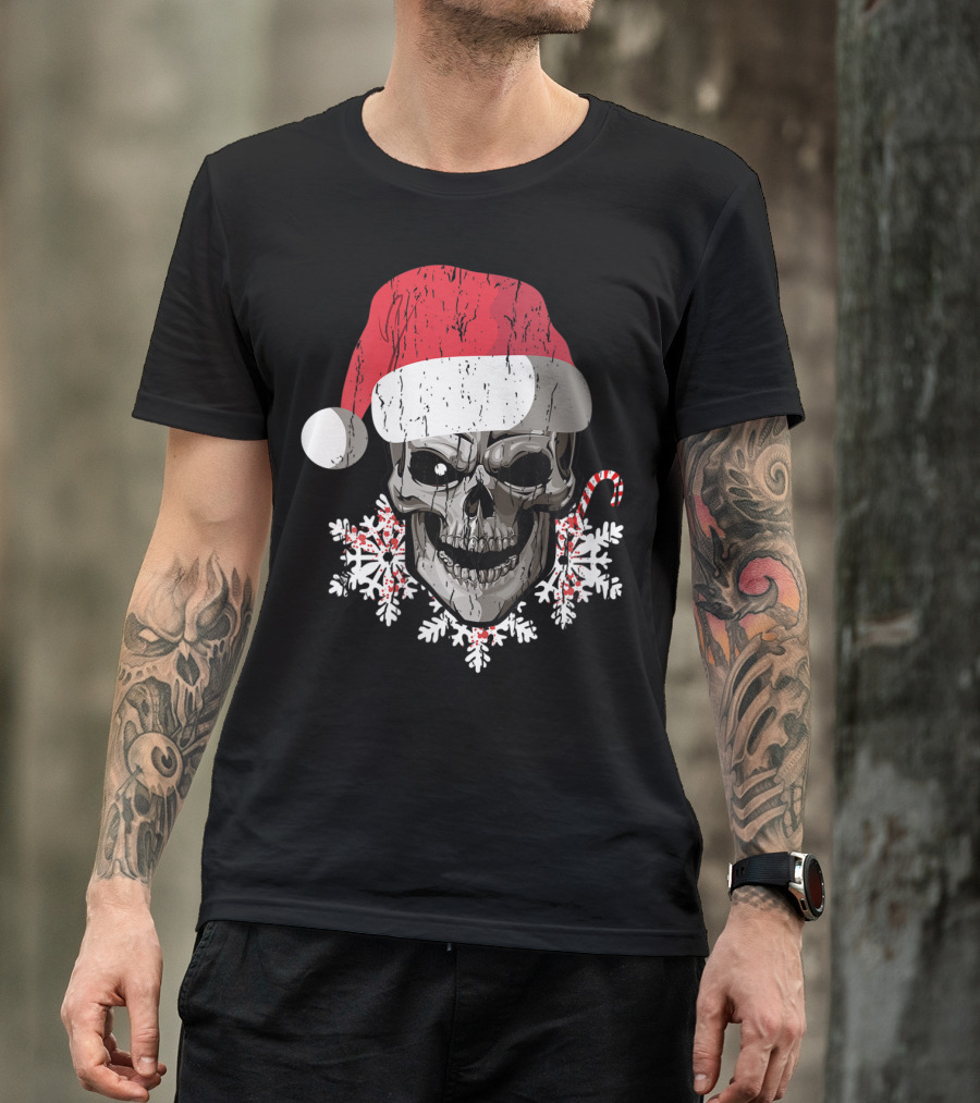 Skull With Santa Hat Snowflakes Candy Cane T-Shirt