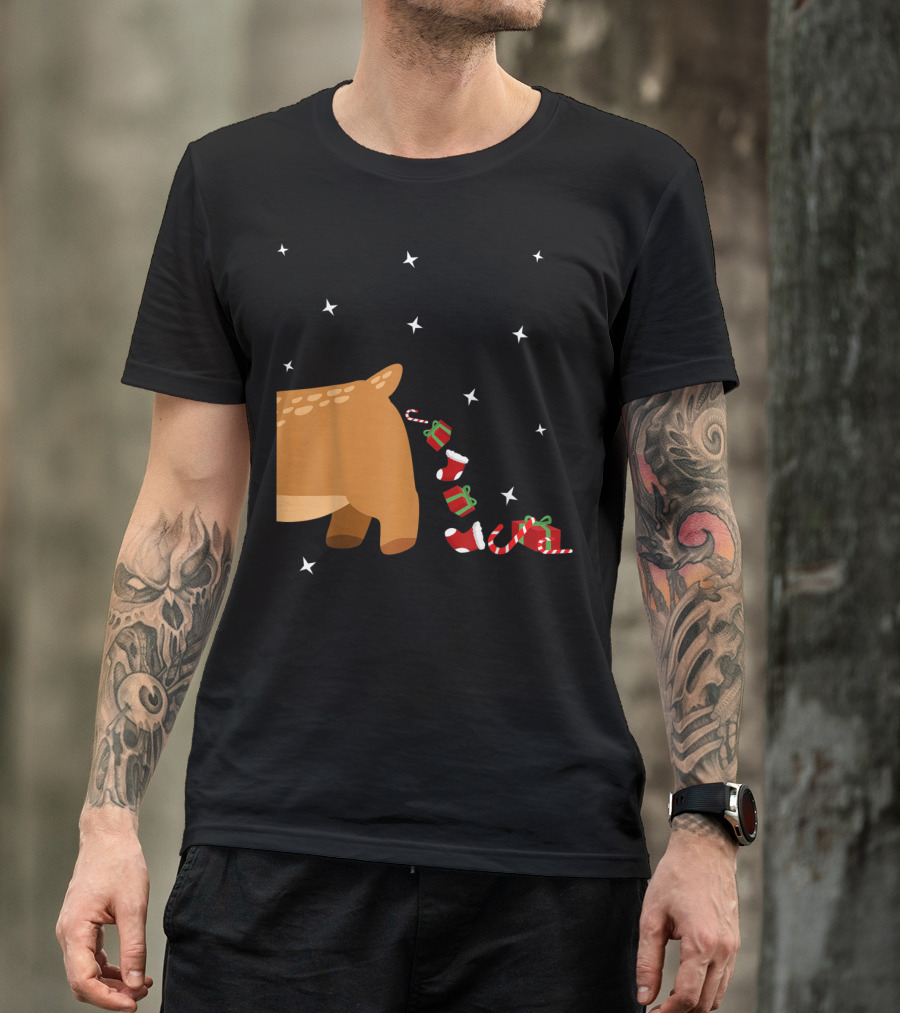 Xmas Sick Reindeer Costume Matching Couple With Stars And Falling Candy Cane Presents T-Shirt