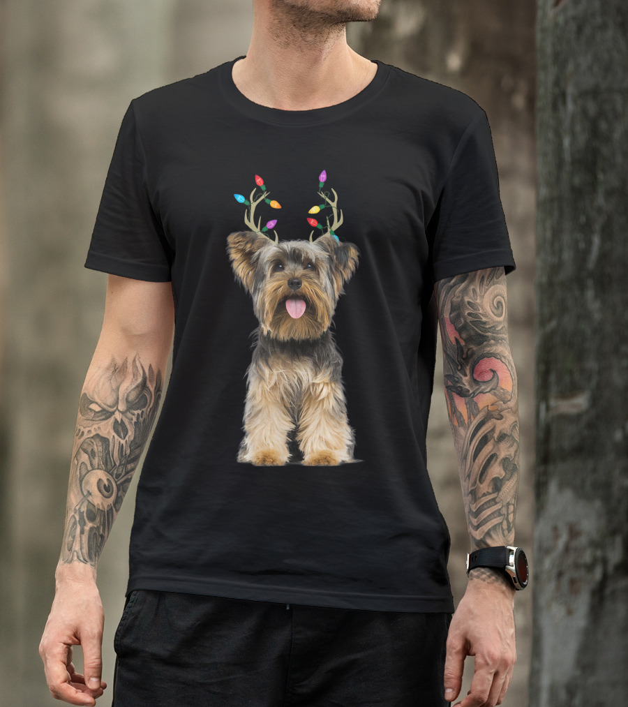 Yorkie Yorkshire Terrier With Colorful Reindeer Antlers T-Shirt