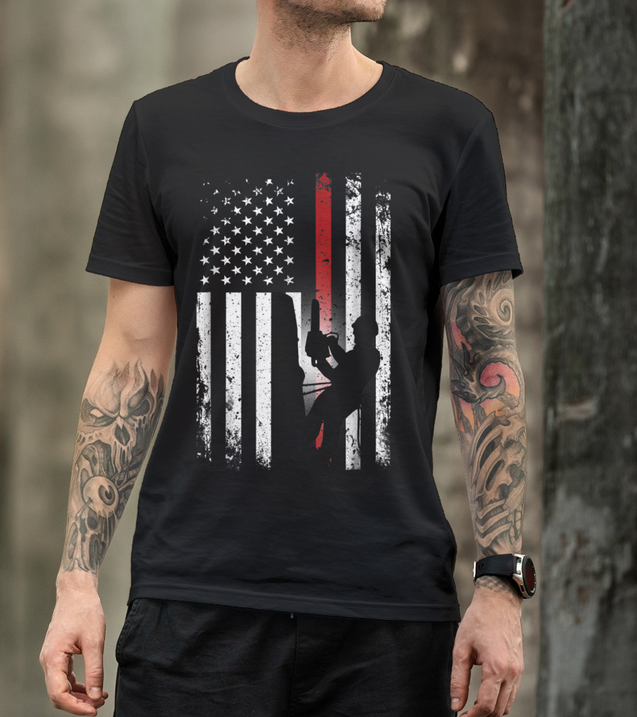 Patriotic Arborist Distressed American Flag With Climber And Chainsaw T-Shirt