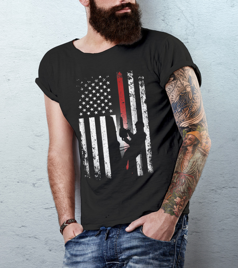 Patriotic Arborist Distressed American Flag With Climber And Chainsaw T-Shirt