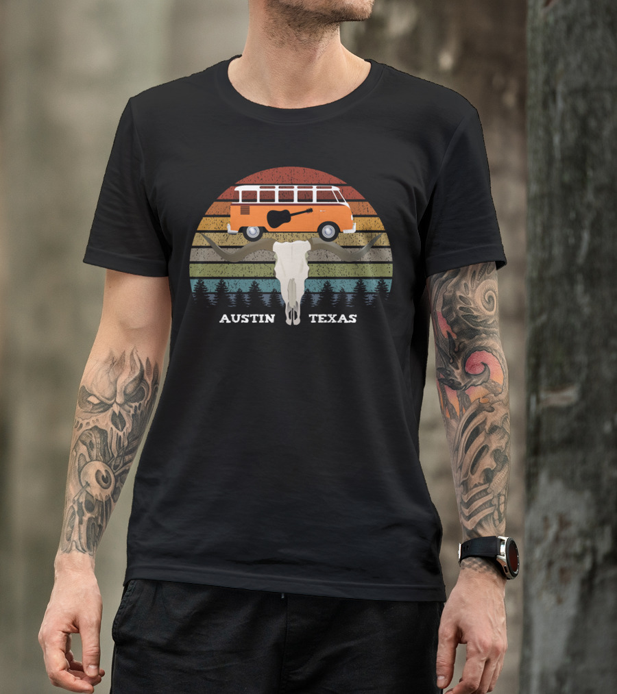 Austin Texas Sunset Van Guitar Skull Forest Vintage T-Shirt