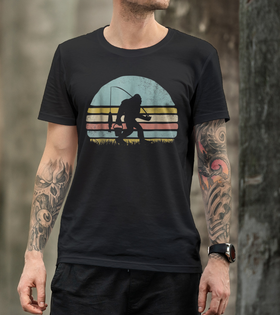 Awesome Bigfoot Fishing At Sunset Silhouette Retro Stripes T-Shirt