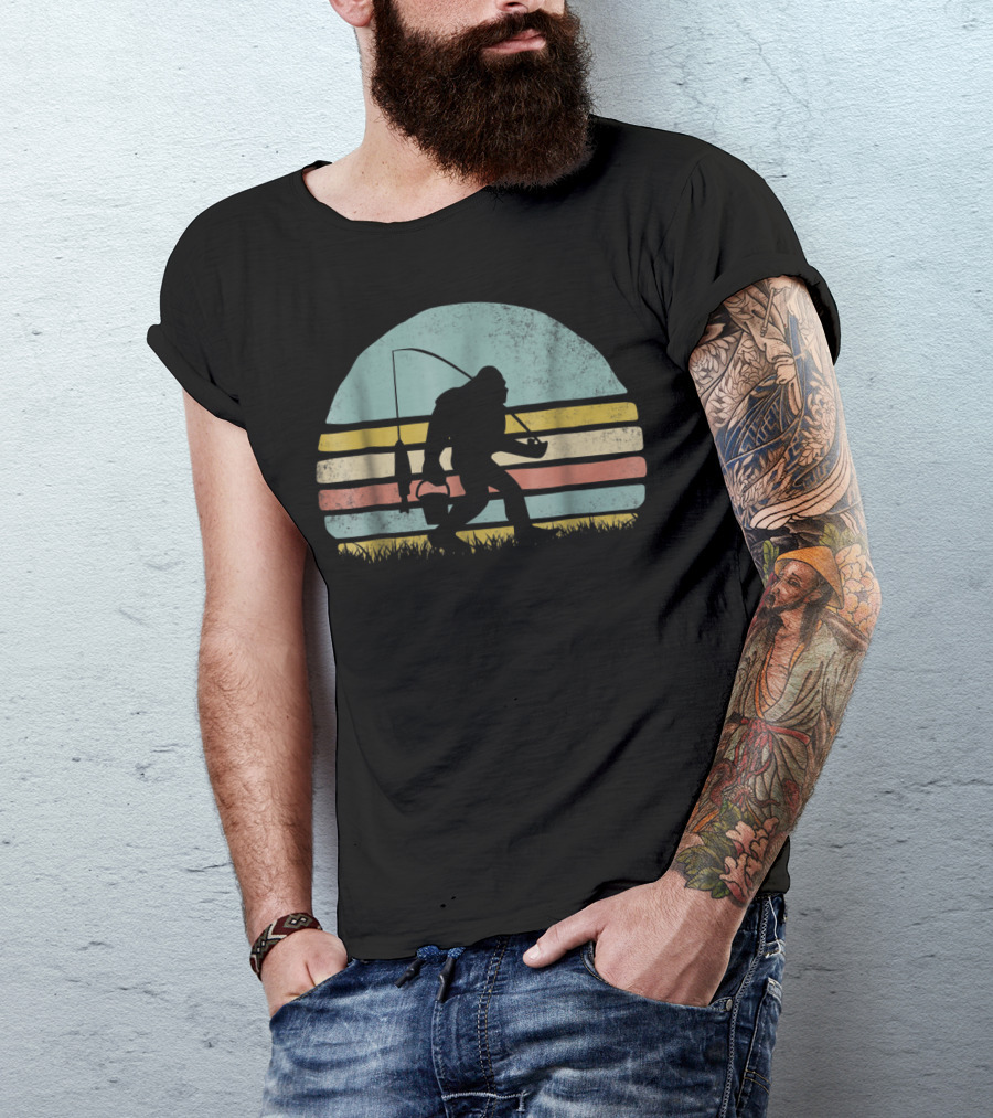 Awesome Bigfoot Fishing At Sunset Silhouette Retro Stripes T-Shirt