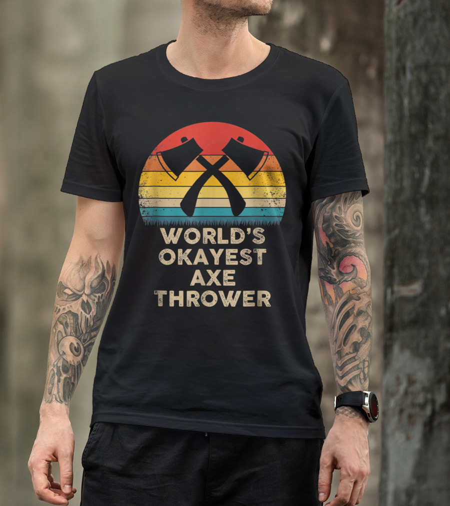 World's Okayest Axe Thrower Retro Axes Crossed Sunset T-Shirt