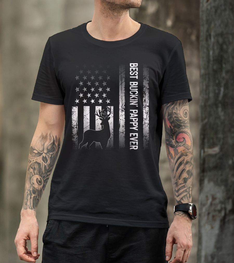 Best Buckin' Pappy Ever Patriotic Deer American Flag T-Shirt