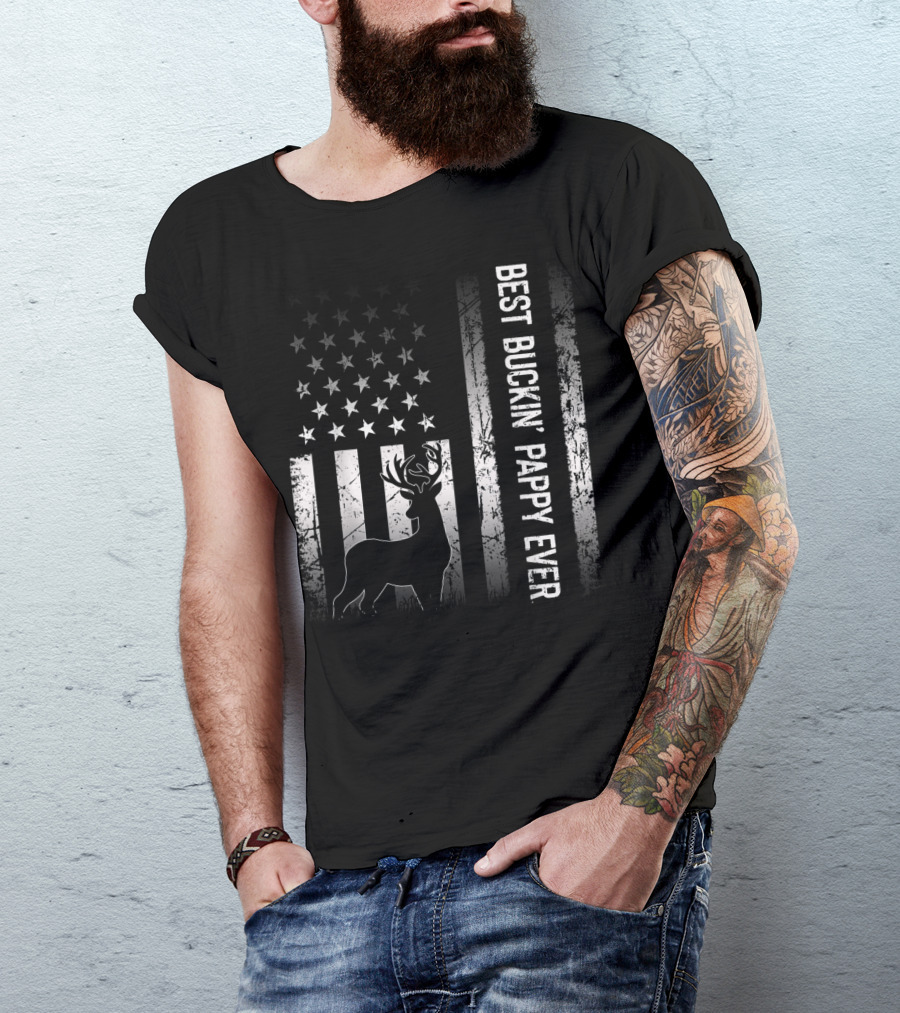 Best Buckin' Pappy Ever Patriotic Deer American Flag T-Shirt