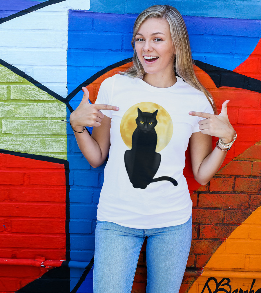 Black Cat Yellow Eyes Full Moon T-Shirt