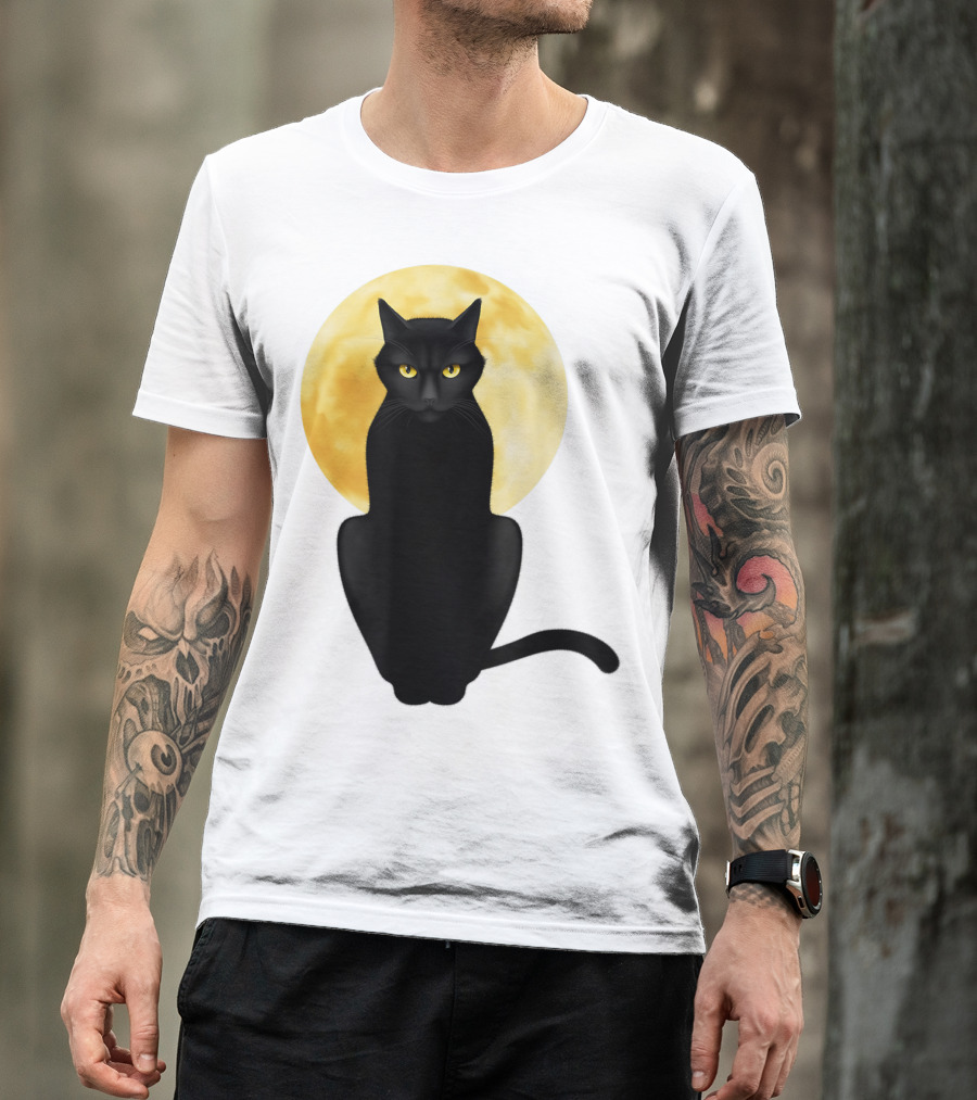 Black Cat Yellow Eyes Full Moon T-Shirt