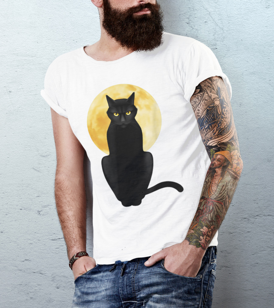 Black Cat Yellow Eyes Full Moon T-Shirt