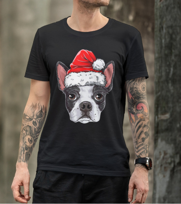 Boston Terrier Christmas Dog Santa Hat T-Shirt