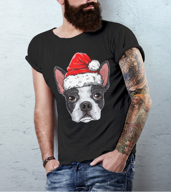 Boston Terrier Christmas Dog Santa Hat T-Shirt