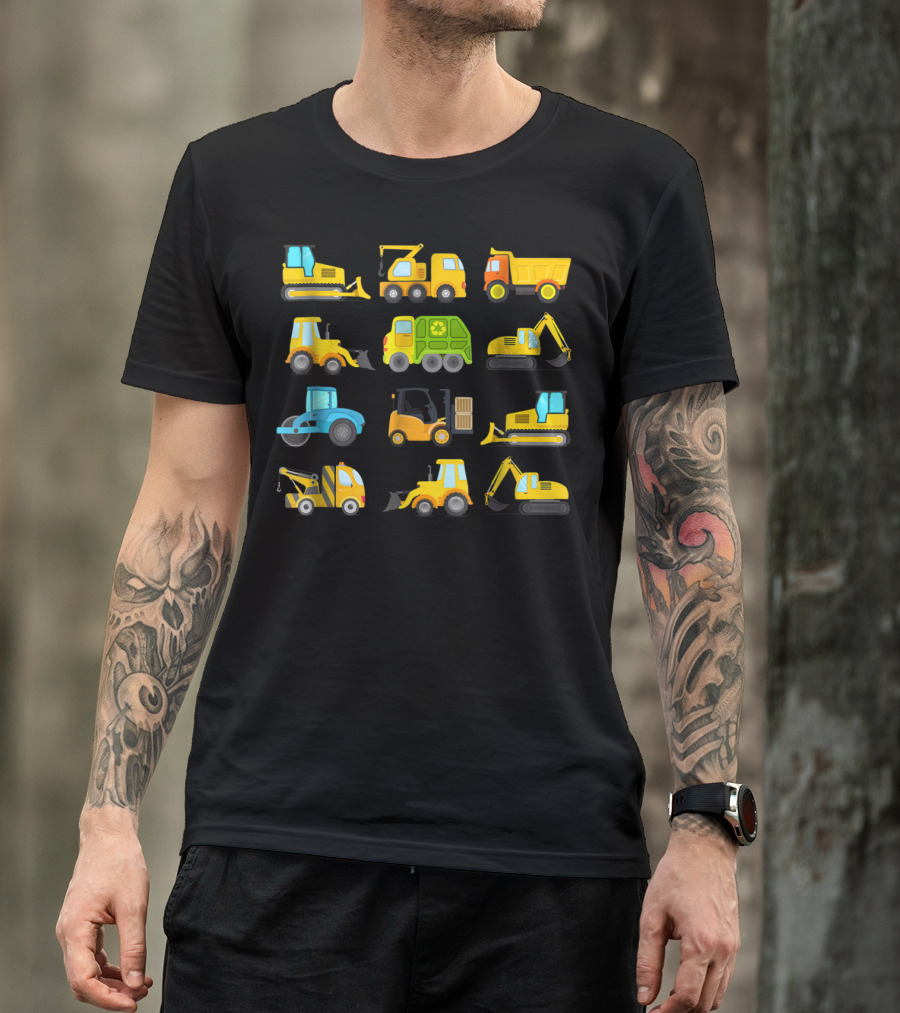 Boys' Colorful Construction Trucks And Diggers Vehicles Short Sleeved T-Shirt