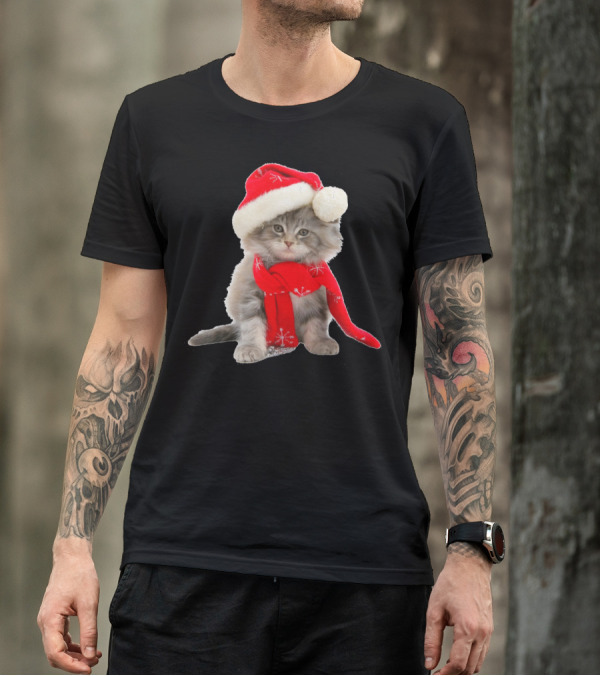 Cat Kitten In Santa Hat And Red Scarf T-Shirt