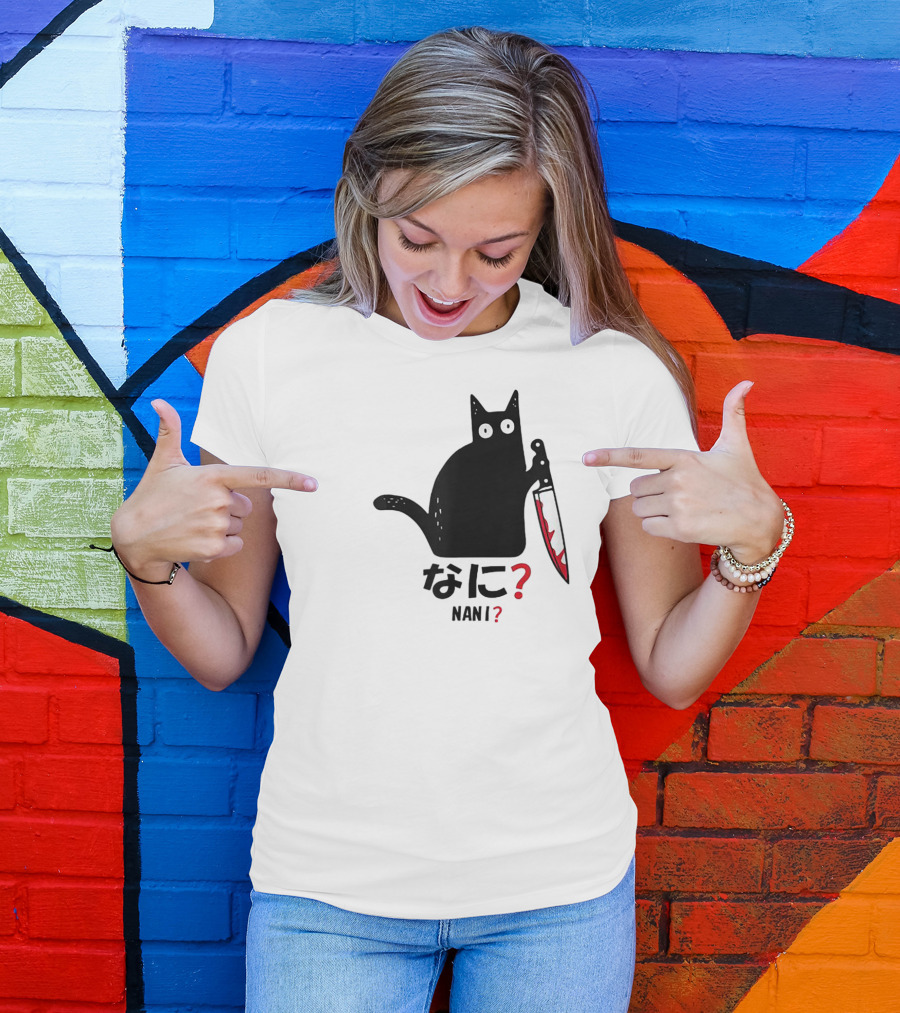 Nani What Murderous Black Cat With Knife Kanji T-Shirt