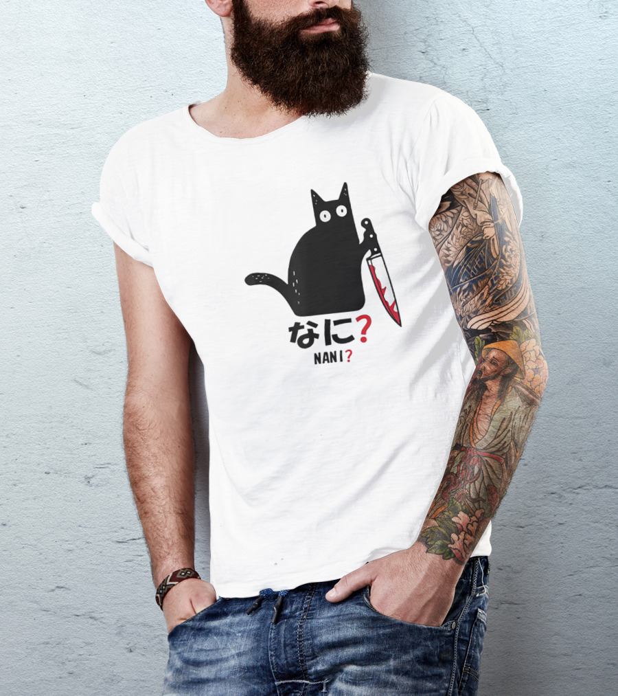 Nani What Murderous Black Cat With Knife Kanji T-Shirt