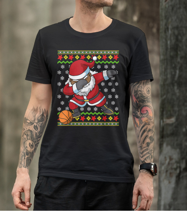 Christmas Black African American Santa Dabbing Basketball Ugly T-Shirt