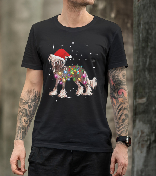 Christmas Lights Chinese Crested Dog With Santa Hat And Stars T-Shirt