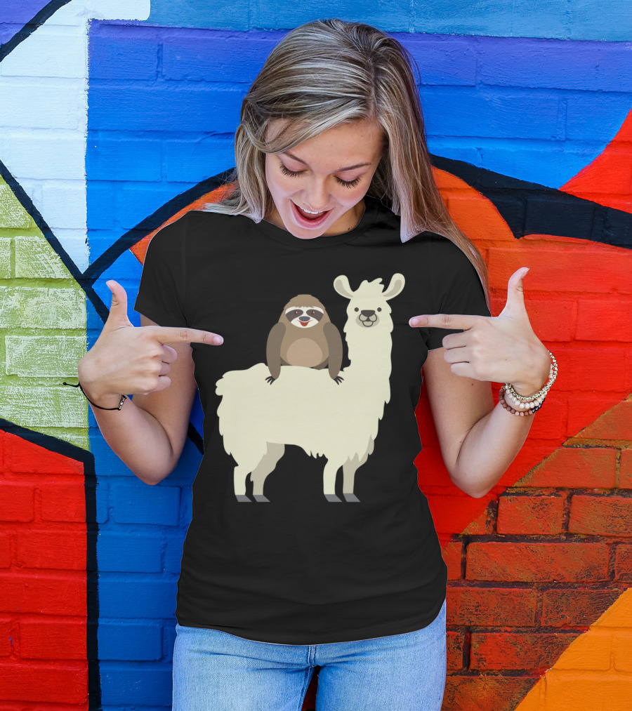 Cute Funny Sloth On Llama T-Shirt