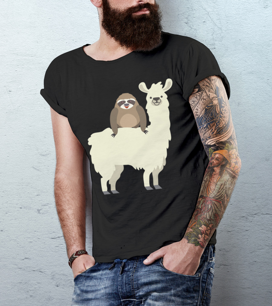 Cute Funny Sloth On Llama T-Shirt