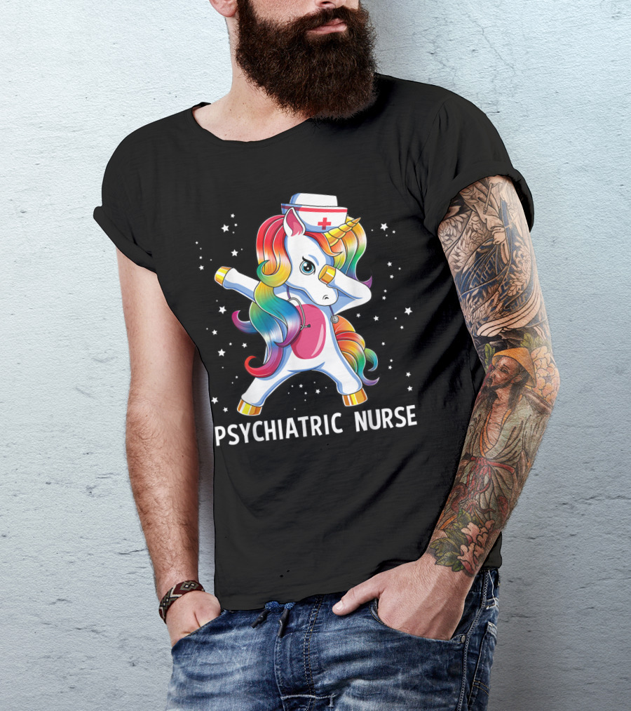 Dabbing Unicorn Rainbow Psychiatric Nurse With Nurse Hat And Stars T-Shirt