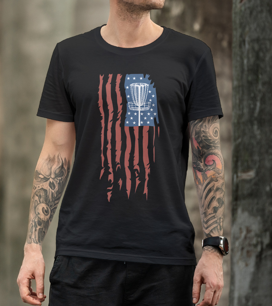 Disc Golf Basket American Flag Frisbee Sports USA T-Shirt