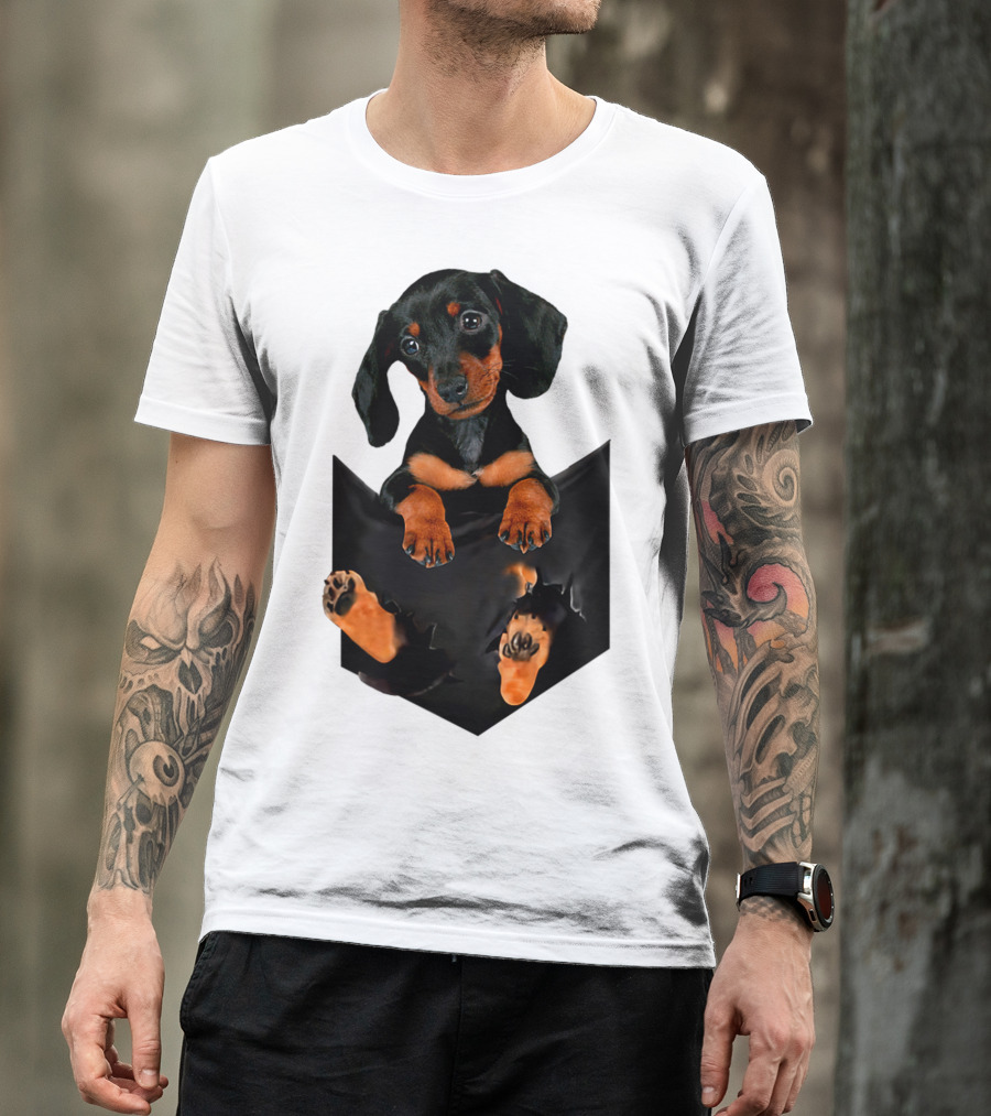 Doxie Dachshund Puppy Dog In Pocket T-Shirt