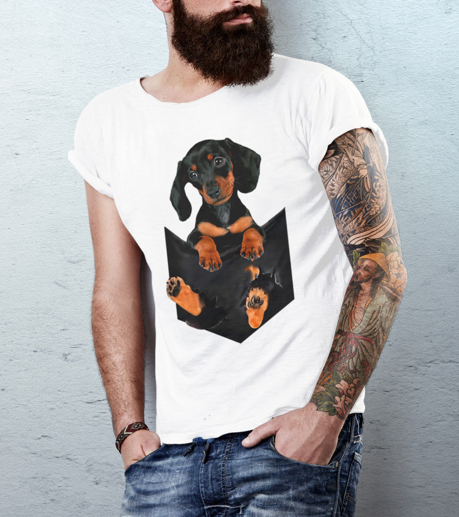 Doxie Dachshund Puppy Dog In Pocket T-Shirt