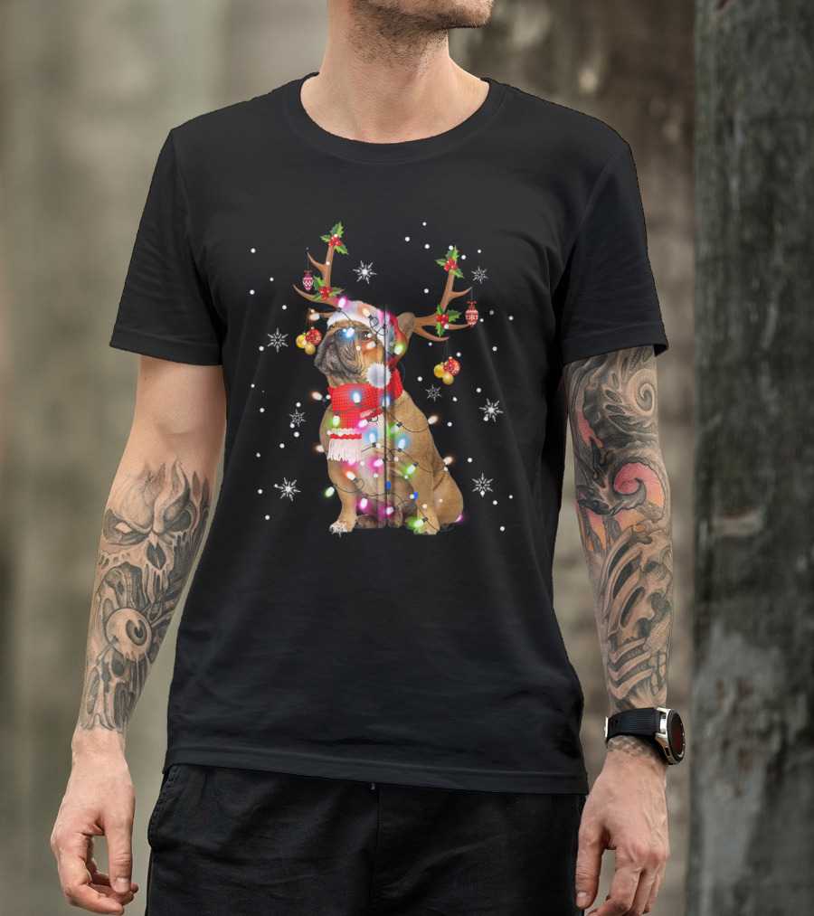 French Bulldog Reindeer Antlers Santa Hat Christmas Lights T-Shirt