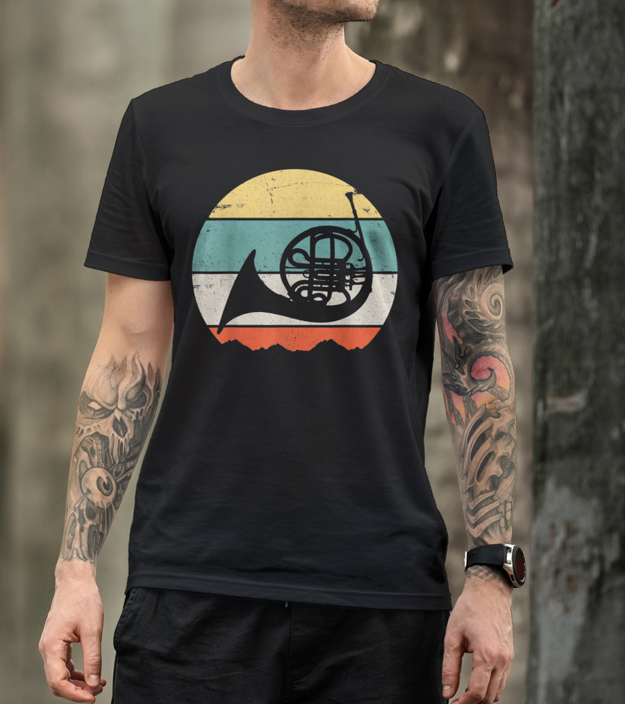 Vintage Retro French Horn Silhouette Stripes T-Shirt