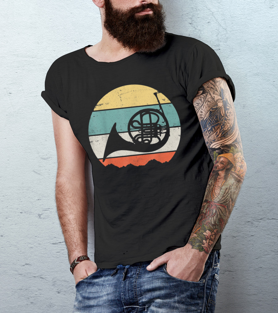 Vintage Retro French Horn Silhouette Stripes T-Shirt