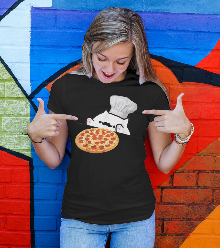 Bongo Cat Pizza Chef With Mustache And Pepperoni Pizza Humor T-Shirt