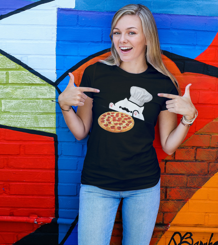 Bongo Cat Pizza Chef With Mustache And Pepperoni Pizza Humor T-Shirt