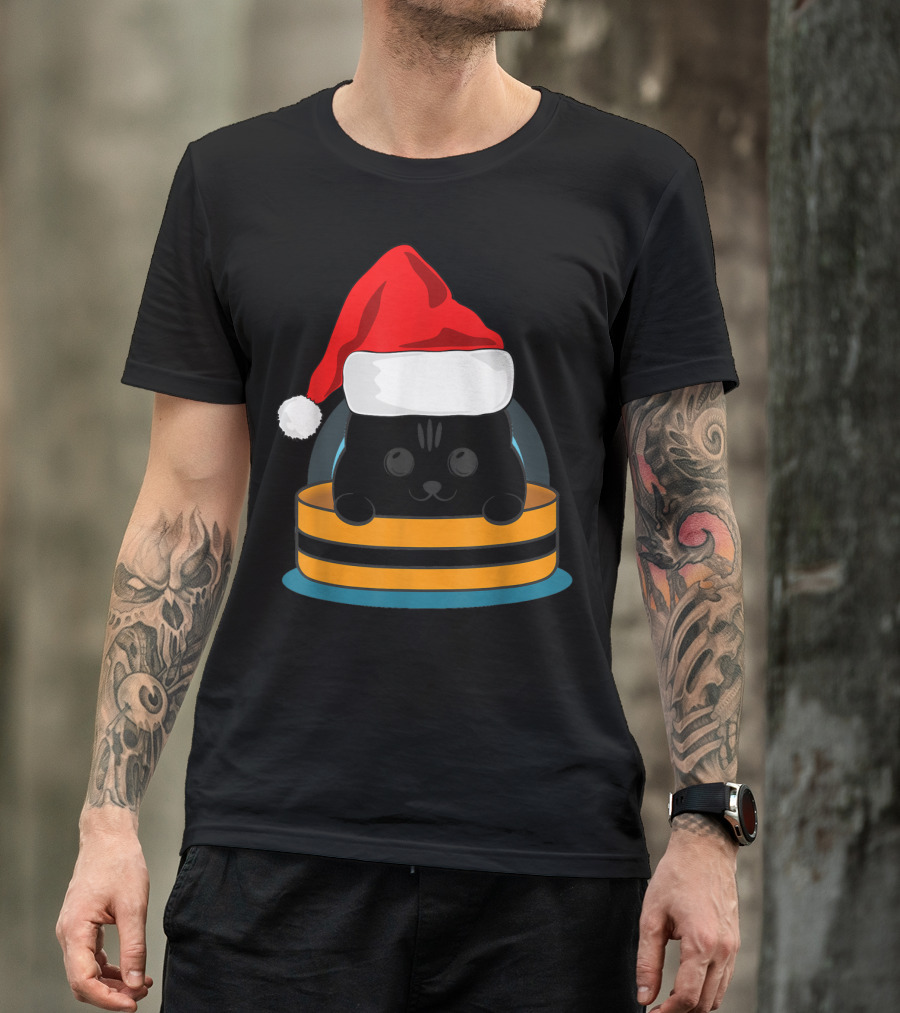 Cute Black Cat In Santa Hat Sitting Inside Orange And Black Barrel T-Shirt
