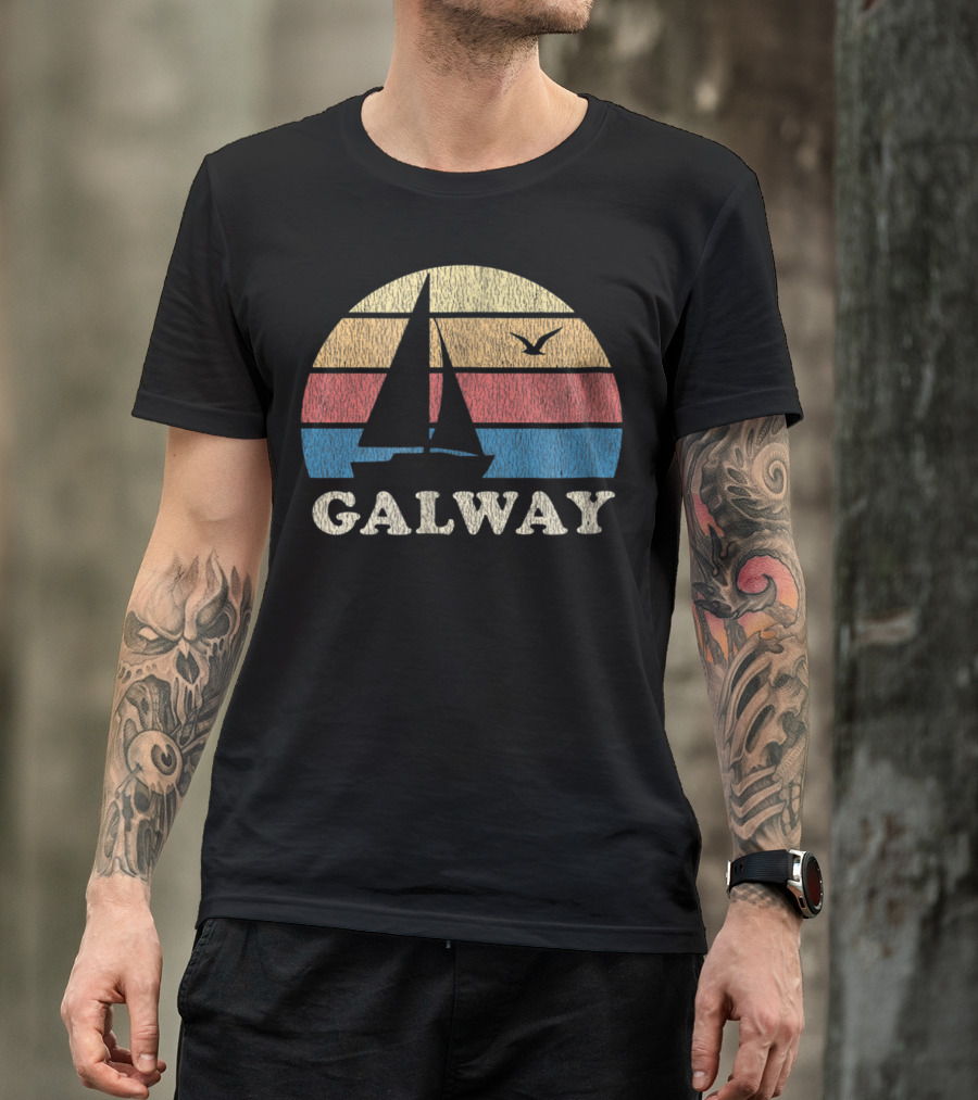 Galway Vintage Sailboat 70s Sunset With Seagull T-Shirt